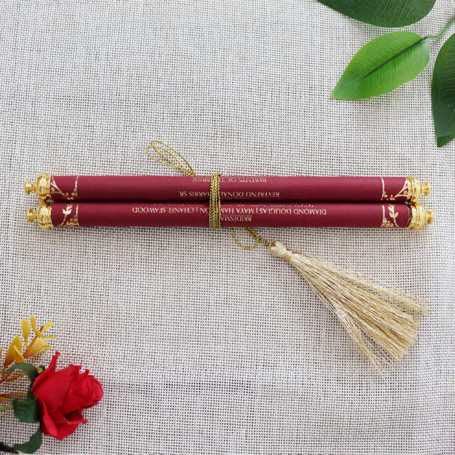 Red Scroll Invitation Card With Tassel Wedding Invitation Customized Foil Printing 